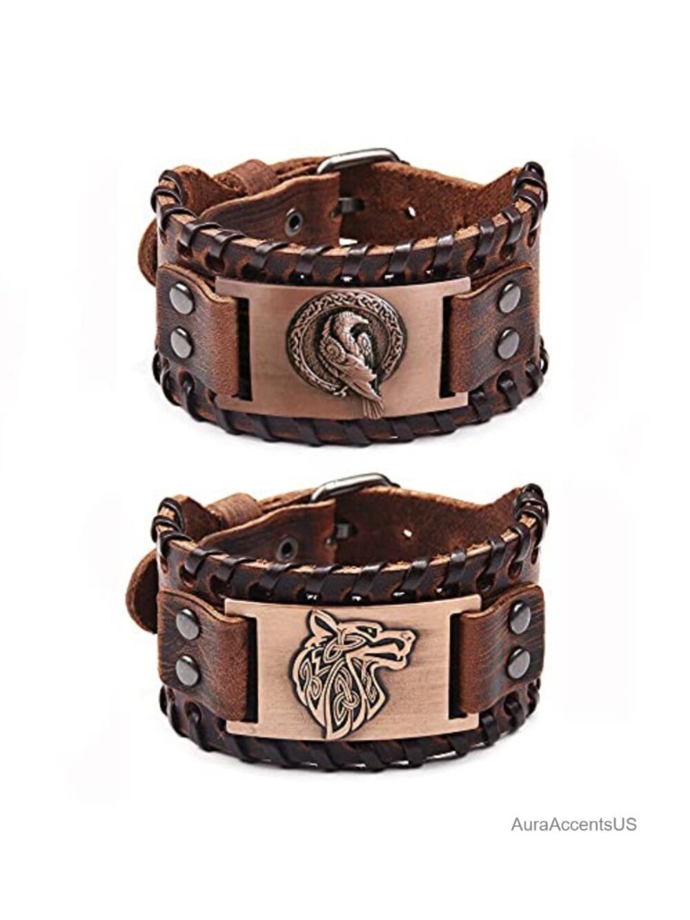 2 Piece Viking Leather Bracelets Wolf Fenrir Odin Raven Medieval